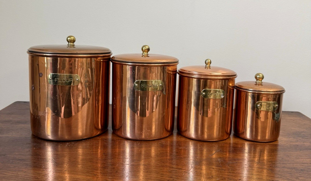 Vintage Revere Ware Copper Canister Set 4 Flour Sugar Coffee Tea Korea Brass